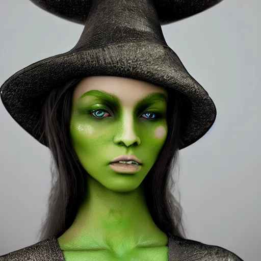 Prompt: fantasy witch wearing a green hat, extreme detail, octane render, trending on artstation, 4 k, medium shot, symmetrical, bokeh, volumetric lighting, subsurface scattering.