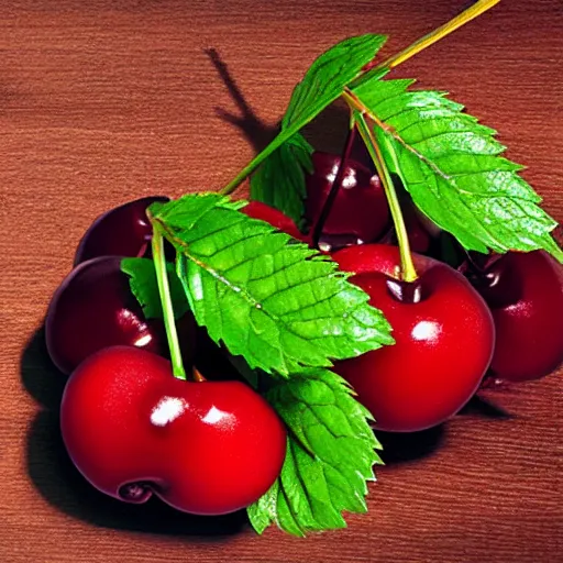 Prompt: Photo realistic three fresh cherries on a table