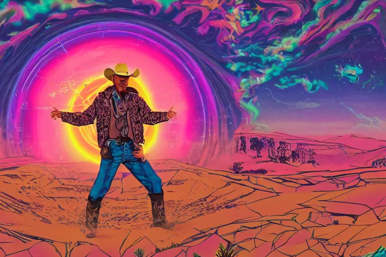 Prompt: an old western cowboy opening a portal to another dimension, psychedelic, vaporwave, synthwave, retro, digital art, acrylic, detailed,