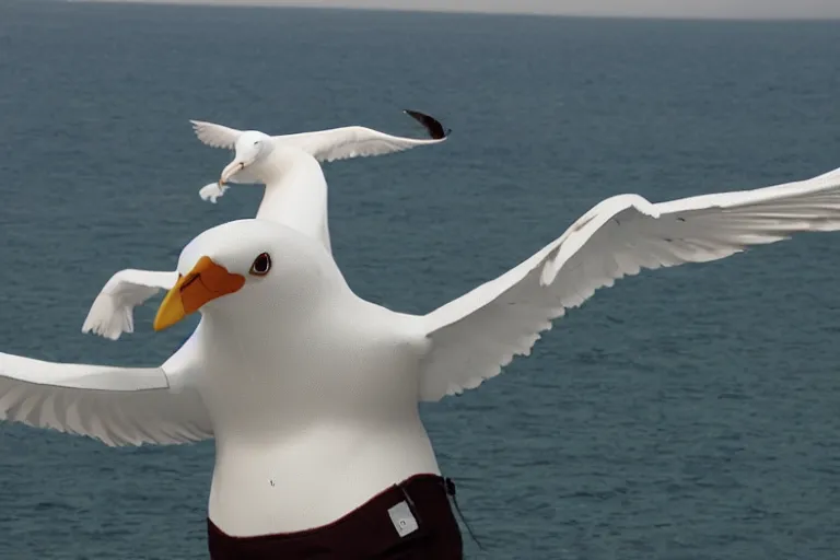 Image similar to giant seagull with human arms, extremely realistic, extremely detailed