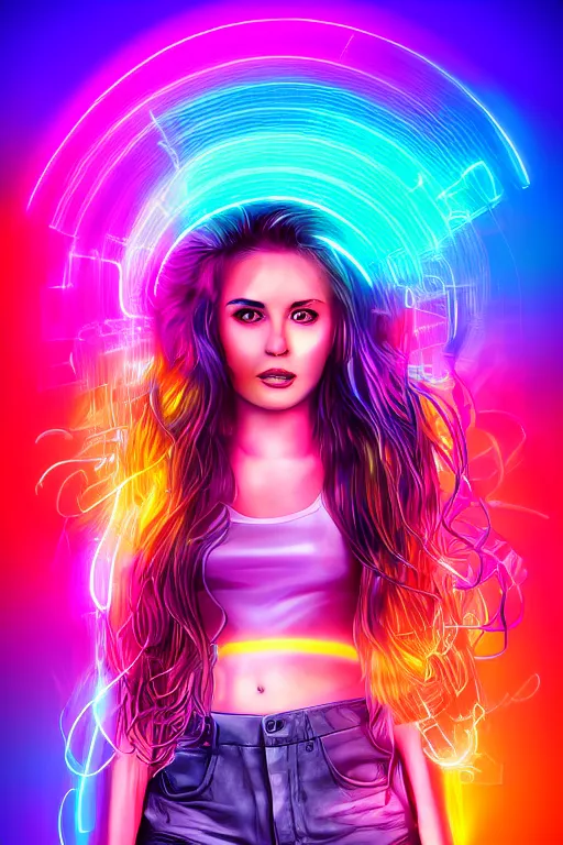 Prompt: a award winning half body portrait of a beautiful woman with stunning eyes in a croptop and cargo pants with hair like rainbow colored smoke, outlined by whirling illuminated neon lines, outrun, vaporware, shaded flat illustration, digital art, trending on artstation, highly detailed, fine detail, intricate