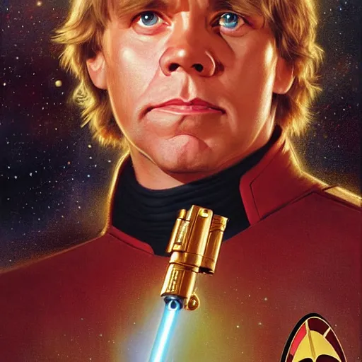 Image similar to a portrait of luke skywalker in a starfleet uniform star trek chief engineer harry potter wand. detailed face highly detailed painting by gaston bussiere craig mullins jc leyendecker gustav klimt artgerm greg rutkowski