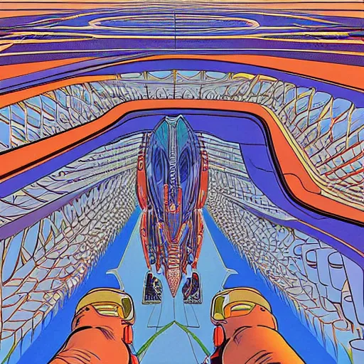 Image similar to A bird's-eye view futurism by jean giraud detailed illustration