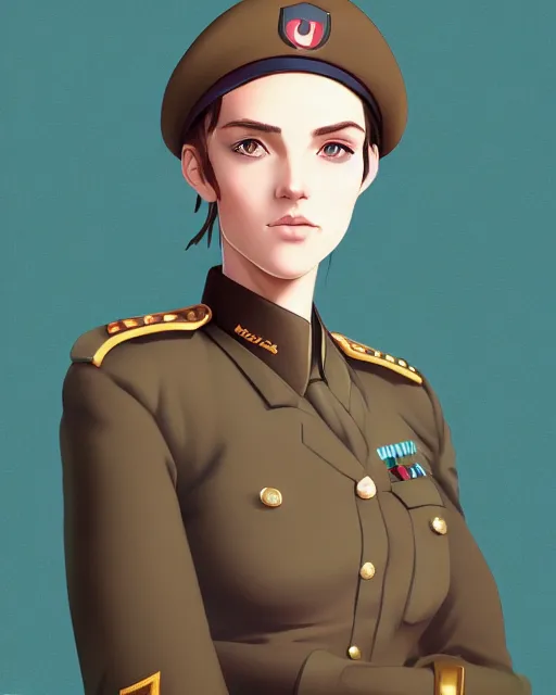 Image similar to portrait of young woman with light brown hair and hazel eyes dressed in a sharp dark teal military uniform with beret, ilya kuvshinov, anime, digital painting