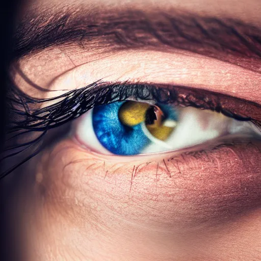 Image similar to highly realistic photo 8 k intricate deep focus of a feminine eye