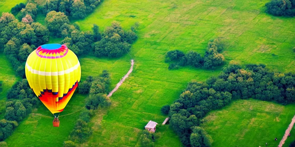 Prompt: hot air balloon, beautiful landscape, bird's eye view