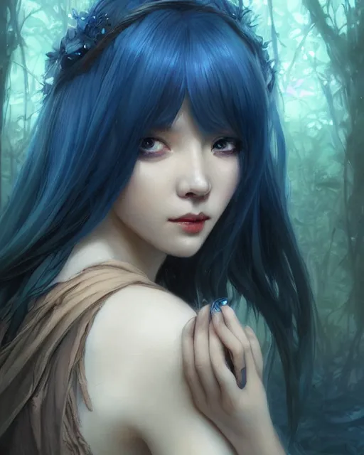 Image similar to stunningly beautiful female blue hair, cute korean actressr, fantasy art, fae priestess, lush dark forest landscape, fireflys at night, sharp focus, digital painting, 8 k, concept art, art by wlop, artgerm, greg rutkowski and alphonse mucha