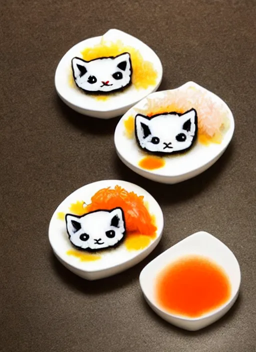 Prompt: clear surrealist painting of tiny adorable cats made from sushi rice, sitting on sushi plates with sushi, garnish, wasabi and soy sauce