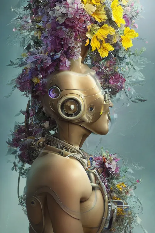 Image similar to a beautiful fine art RPG portrait photo of a robot female cyborg, spread out wavy hair covered by hibiscus, daffodils, hydrangea, montsera leaves by tom bagshaw, golden ratio composition, soft studio lighting, soft vignette, 50mm lens, very detailed, bionic, cybernetic scifi, deep depth of field, artstation, 8K