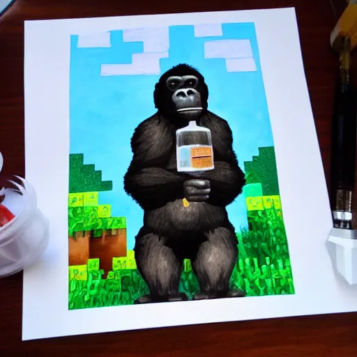 Image similar to a gorilla dressed as an electrician drinking a jug of moonshine in minecraft, watercolors by 5 year old, vintage