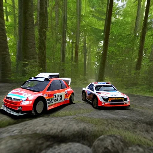 Image similar to 3 rally cars racing through a forest with a river behind them, sun shining through the trees, motion blur high detail ultra realistic 8k,-W 1024