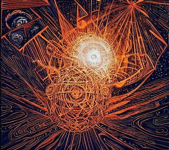 Prompt: pyrography cosmic convergence by Dan Mumford and by Dan Witz