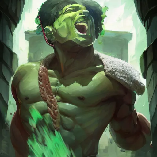 Image similar to a strong man with green skin and a warm smile, young man, wearing a toga, strong, scholarly, very short dark hair, peaceful, character art, full body art, Dungeons and Dragons, D&D, trending on artstation, artgerm, 4k ultra hd, sharp focus, digital art by Ilya Kuvshinov and Ross Tran