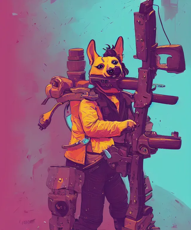 Image similar to a portrait of an anthropomorphic cyberpunk corgi holding a chainsaw, fantasy, elegant, digital painting, artstation, concept art, matte, sharp focus, illustration, art by josan gonzalez