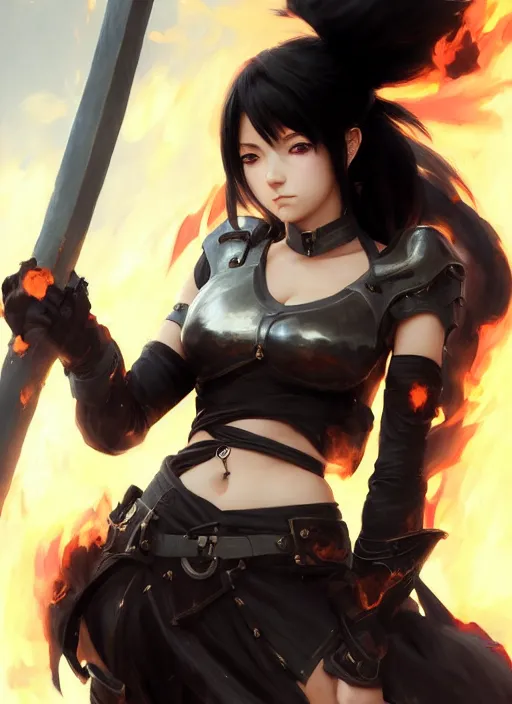 Image similar to Portrait of Anime girl with black hair, she is carrying a burning sword, wearing metal armor around her chest and waist, realistic, detailed, 4k by Greg Rutkowski Mark Arian trending on artstation