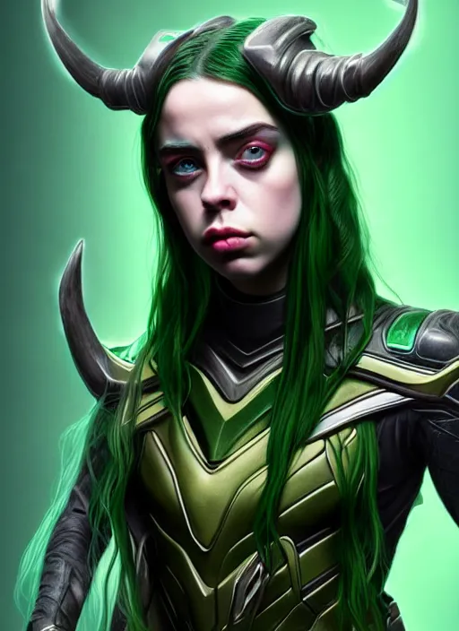 Prompt: Billie Eilish as Female Loki, beautiful facial symmetry, olive skin color, hyper realistic, hyper detail, very detailed, digital art, trending on artstation, smooth render, 8k octane render,