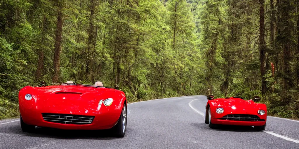 Image similar to red barchetta driving up a mountain with forest around both sides of the road