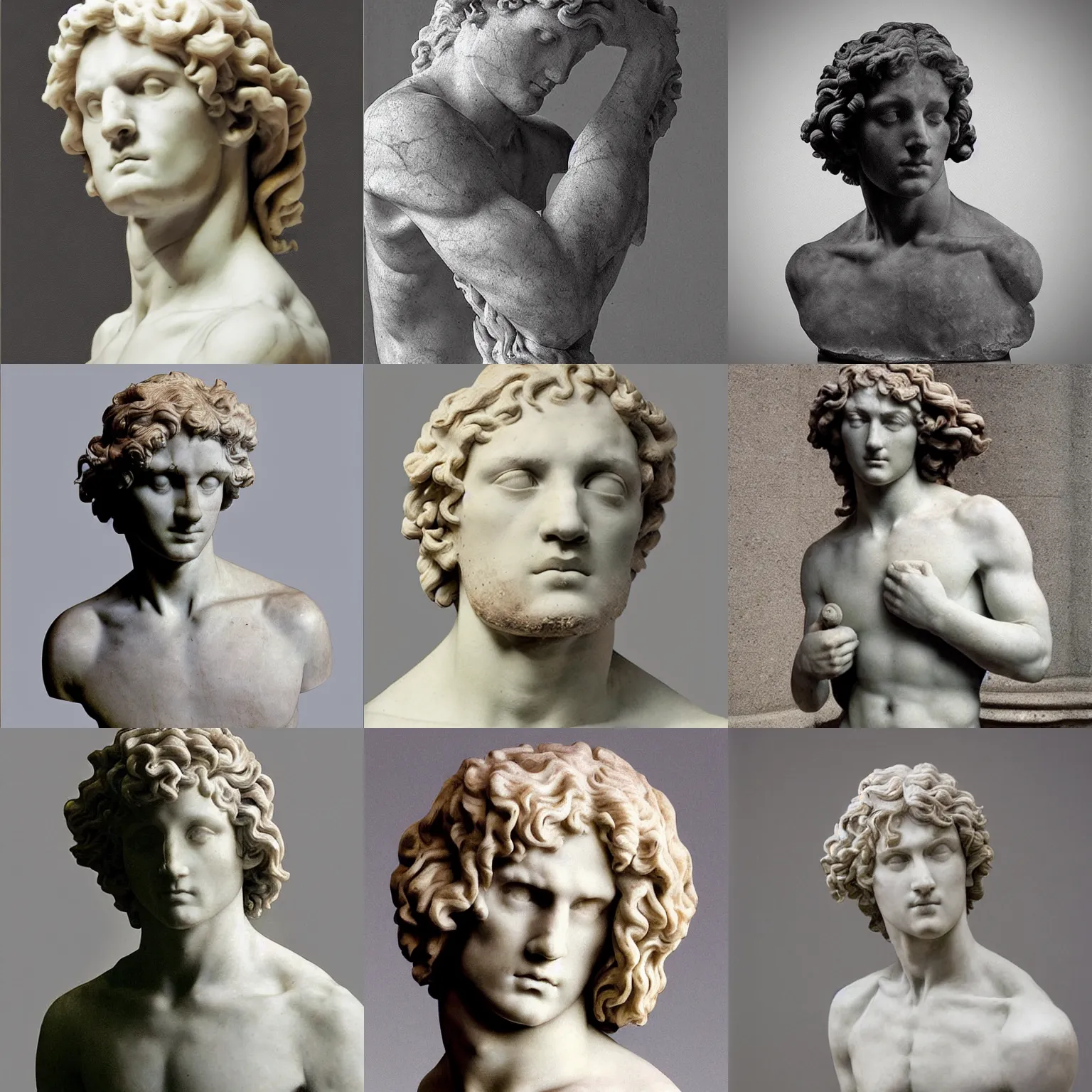 Prompt: “rough marble sculpture of a young man with long curly hair by rodin and bernini”