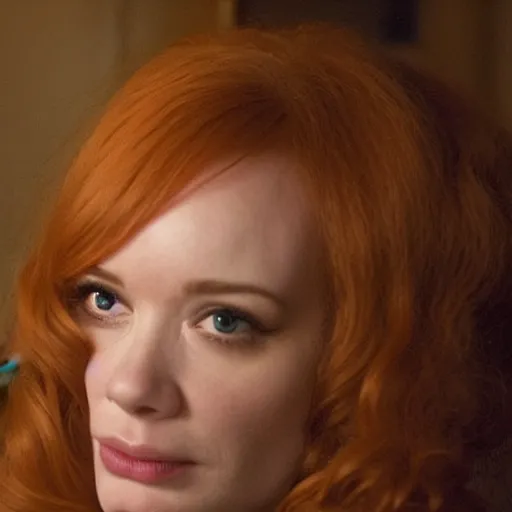 Image similar to amazing beautiful Christina Hendricks with an amazed look on her face in the living room, film still from the movie directed by Denis Villeneuve , wide lens