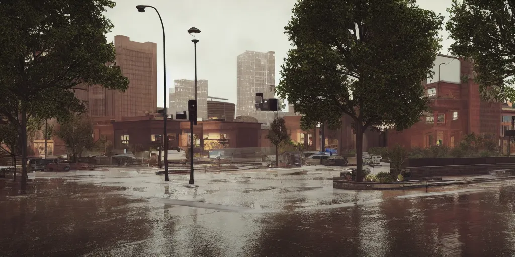 Prompt: intentional community of downtown denver with heavy rain, cinematic, ultra - realistic, ultra - detailed, octane render, unreal engine 5, depth of field