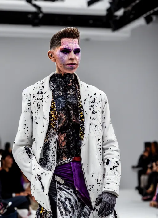 Image similar to hyperrealistic and heavy detailed off white avant garde runway show of thanos ( marvel comics ), leica sl 2 5 0 mm, vivid color, high quality, high textured, real life