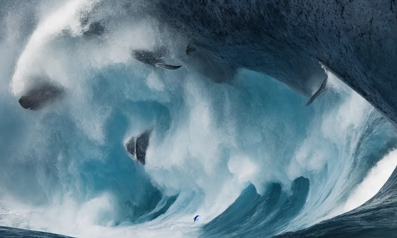 Image similar to giant mecha surfing a big wave over a whale, inside the tunnel, by Jessica Rossier, slow motion, refractions, summerpunk, nazare (portugal)