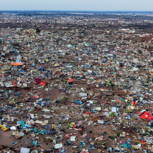 Image similar to vast panoramic view from building height of a landscape full of junkyards, garbage heaps and recycled electronic gear all covered in a thin layer of transparent strawberry jelly
