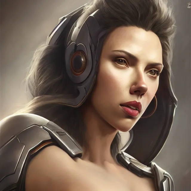 Image similar to detailed portrait of scarlett johansson as a female bodybuilder pharah from overwatch, attractive, beautiful, fantasy, intricate, elegant, highly detailed, digital painting, artstation, concept art, matte, sharp focus, illustration, art by aenaluck, artgerm and roberto ferri and greg rutkowski, epic fantasy, digital painting