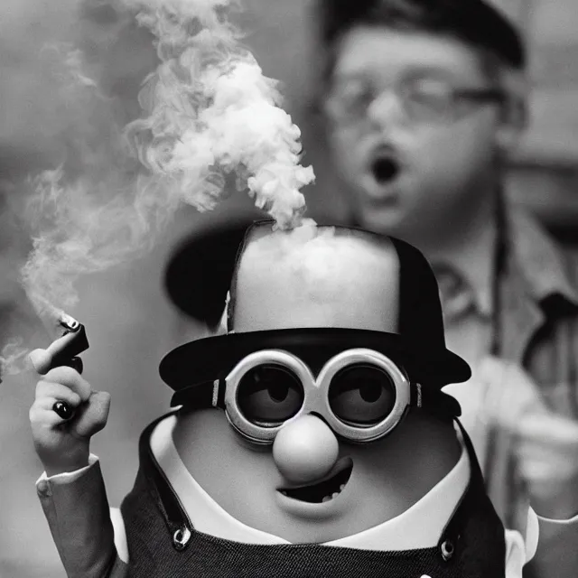 Prompt: still image of a minion smoking a cigarette and holding a revolver, black and white film, 3 5 mm film, noir, cinematic