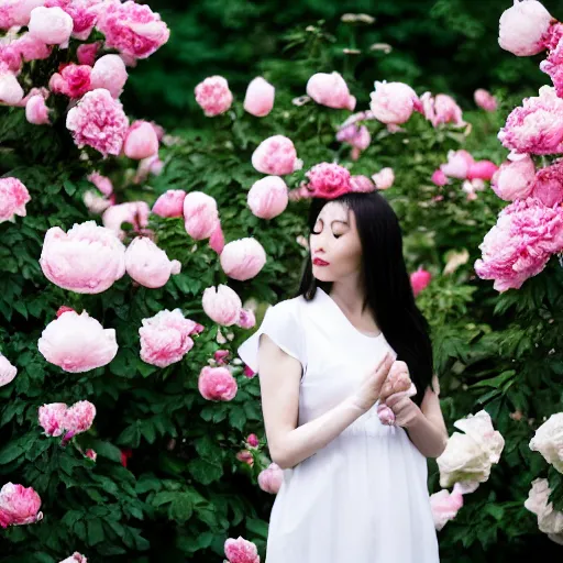 Image similar to a woman dressed in white, standing in a white rose garden, peony petals in the breeze, vivid lighting, professional photography