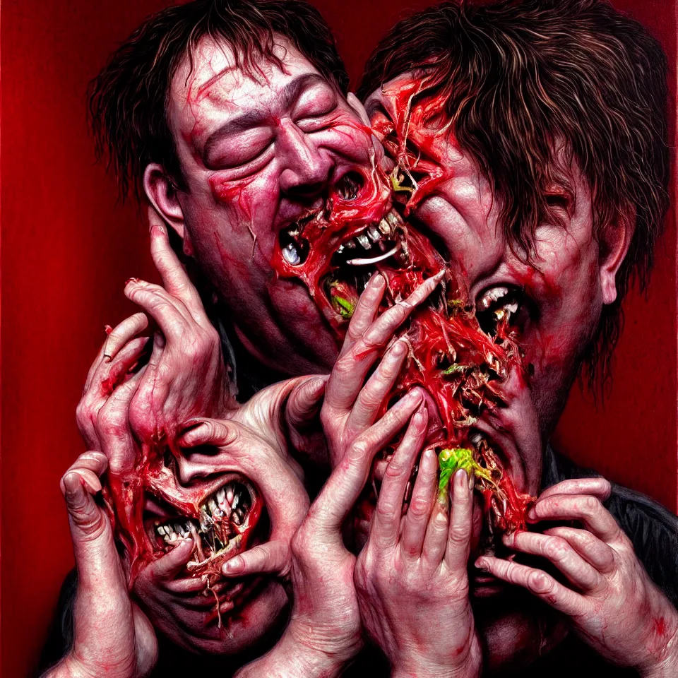 Image similar to weird and disturbing psychedelic bill hicks eating rotten flesh, laughing and puking blood, diffuse lighting, fantasy, intricate, elegant, highly detailed, lifelike, photorealistic, digital painting, artstation, illustration, concept art, smooth, sharp focus, art by francis bacon