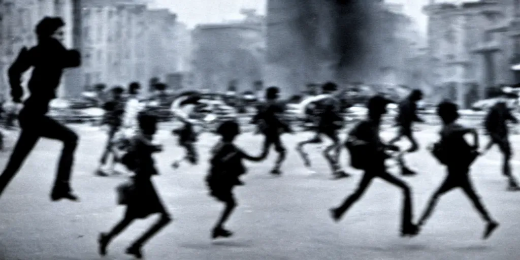 Image similar to street photography, revolution, street, city, blurred people running from tanks, closeup, film photography, 1 9 8 0 s, exposed b & w photography, robert capa photography, henri cartier - bresson photography