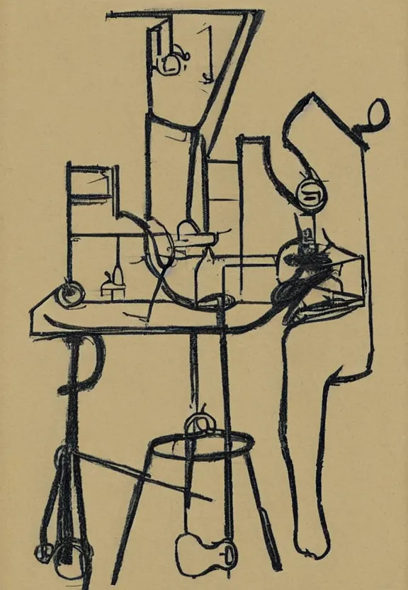 Image similar to a concept drawing of marcel duchamp holding up a chess - piece wire - machine, a surrealist painting by marcel duchamp, complex artificial - intelligence machinery, minimal sketch flow - chart, academic art, 1 9 2 0 s