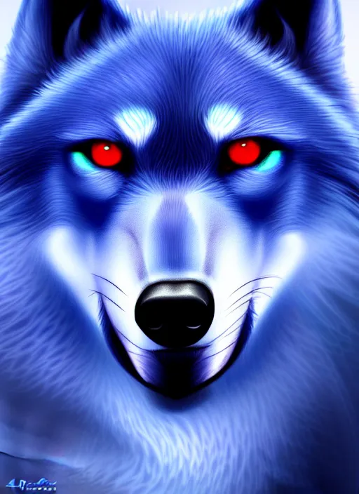 Image similar to blue wolf, red eyes highly detailed, deep focus, digital painting, smooth, sharp focus, anime art style, trending on artstation, 4 k