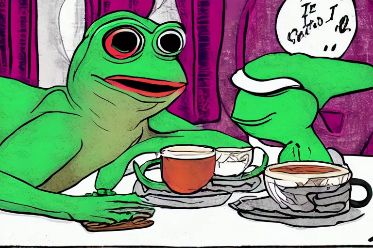 Image similar to studio photo!!! of a punk girl on a date with pepe! the frog! drinking coffee, highly detailed, 8 k, natural lighting