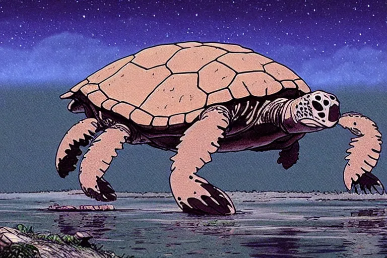 Image similar to a still from princess mononoke ( 1 9 9 7 ) film of a giant mechanized sea turtle, at night in the suburbs. full body, wide shot, very muted colors, post grunge, studio ghibli, laurie greasley, highly detailed, deviantart, art by artgem