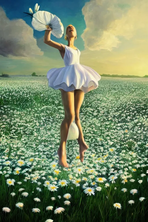 Image similar to giant white daisy flower as head, legs girl dancing in a flower field, surreal photography, sunrise, dramatic light, impressionist painting, colorful clouds, digital painting, artstation, simon stalenhag