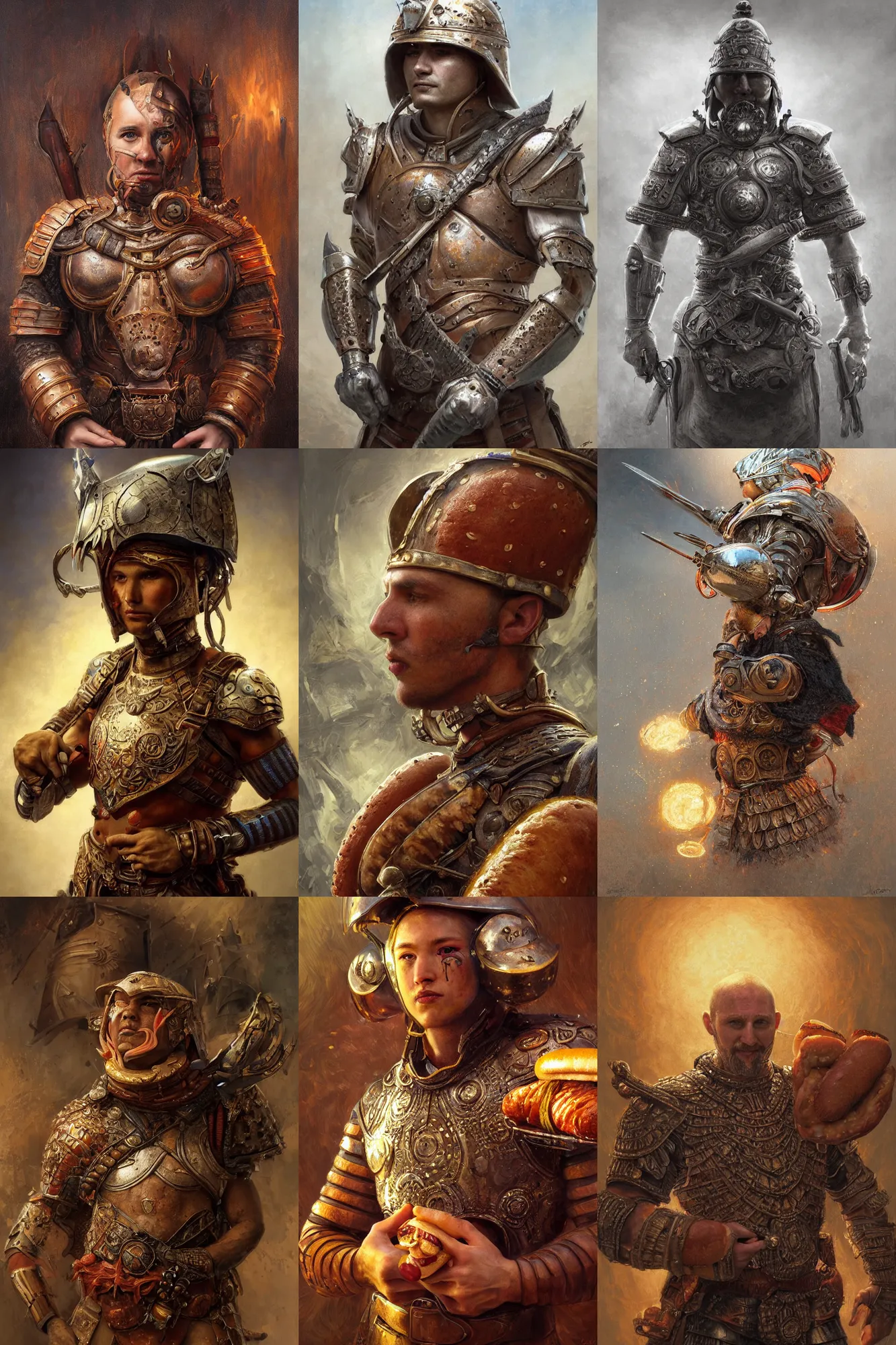 Prompt: portrait of a warrior with an hot dog armor posing ultra realistic illustration, bread and sausage armor, intricate, highly detailed, digital painting, artstation, radiant light, caustics, war hero, psychedelic dmt, concept art, smooth, sharp focus, illustration, by gaston bussiere, bayard wu, giger, maxim verehin