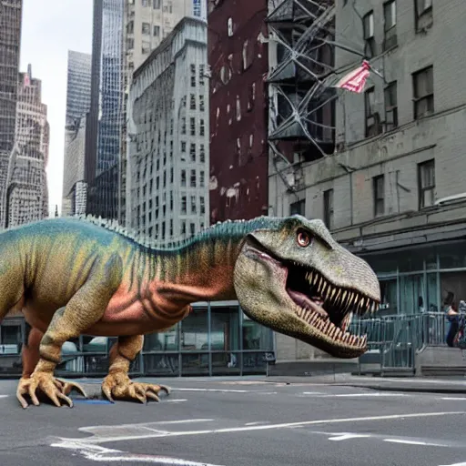 Image similar to a dinosaur lost in manhattan