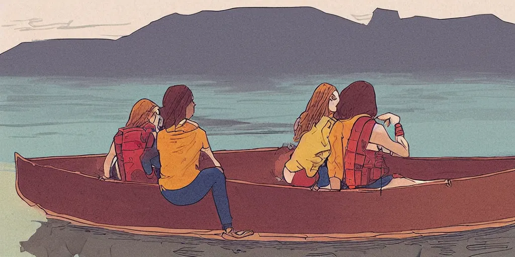 Prompt: “ girls sitting in canoe on the hudson river drinking beer, mountains in fog background, comic style, by paul pope ”