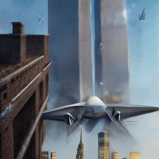 Prompt: paper airplane striking the twin towers on 9 / 1 1, highly detailed, headshot, digital painting, trending on artstation, concept art, sharp focus, illustration, art by artgerm and greg rutkowski and magali villeneuve