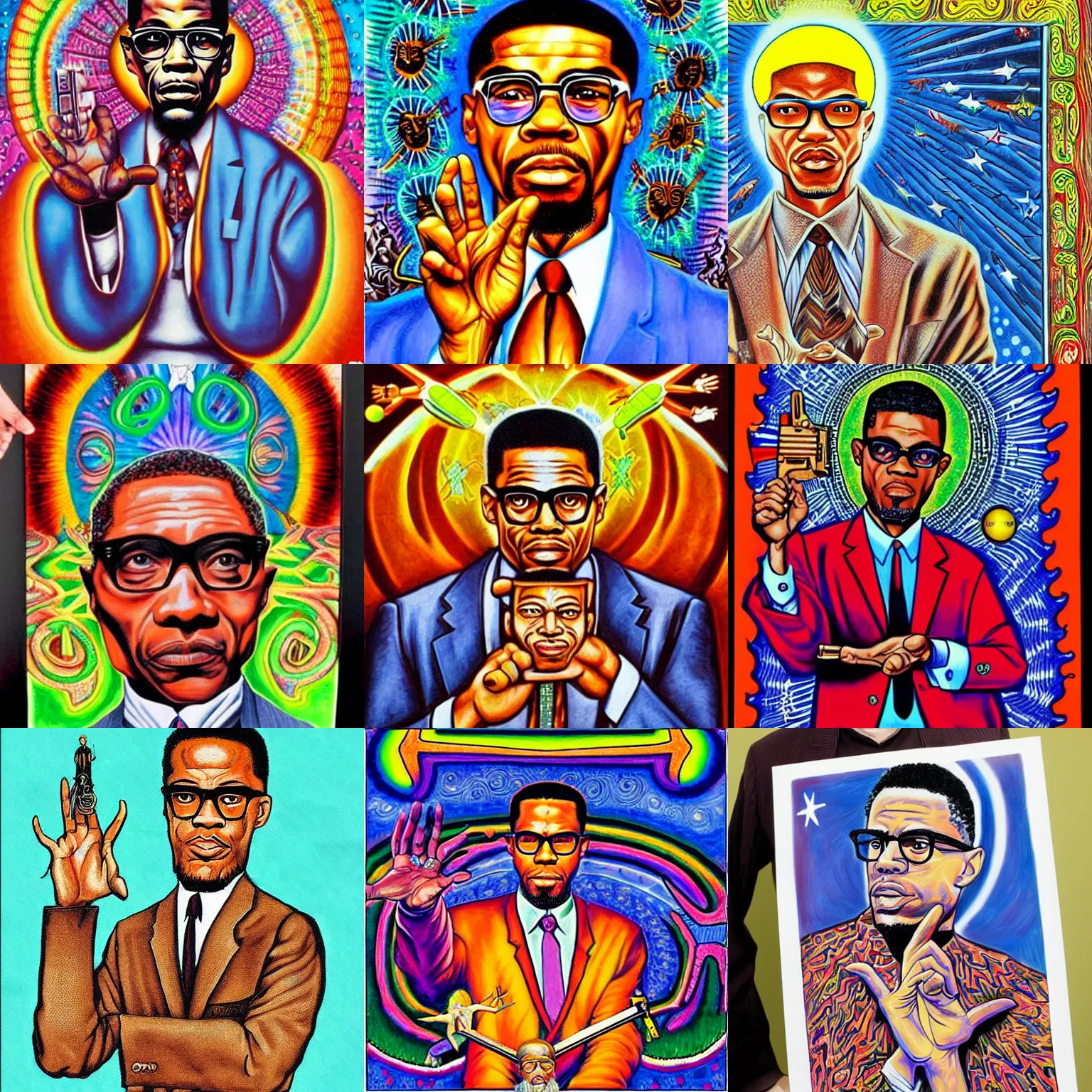 Prompt: Malcolm x holding an uzi painting by Chris dyer in the style of cosmic christ by alex grey