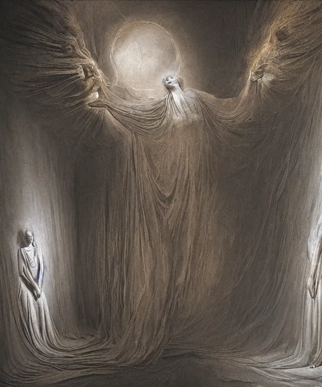 Prompt: The transparent room without doors and windows with beautiful full-body wax sculpture of the glowing transparent woman with visible golden bones inside it in the singularity where stars becoming baroque folds of dark matter by Michelangelo da Caravaggio, Nicola Samori, William Blake, Alex Grey and Beksinski, dramatic volumetric lighting, highly detailed oil painting, 8k, masterpiece