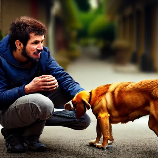 Prompt: photograph of a man with a dog begging!!!!!!!!!!!!!!!!!!!!! for food, 8k resolution, high detail, ULTRA REALISTIC VFX, reflections