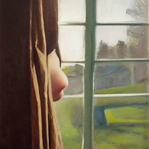 Prompt: a portrait of a 1 4 year old boy looking out his bedroom window, looking sad, oil painting, david padworny