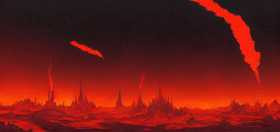 Prompt: divine cathedral made of fire, seen in the distance on the horizon, on a desert planet, black smoke particles, dark colors, red background, dark underground cave, in the graphic style of and Patrick Gleason, low key lighting, detailed art, trending on Artstation, sharp focus, comic art, horror concept art, smooth,