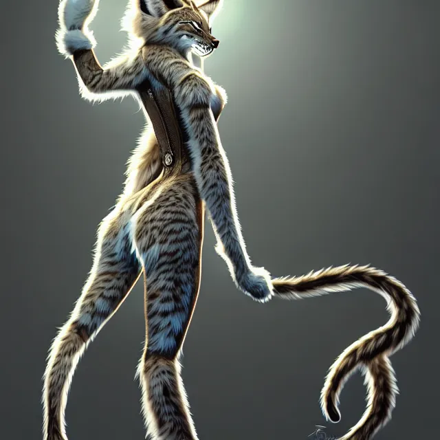 Image similar to the full body of anthropomorphic lynx fursona from behind wearing a steampunk suit as unimaginably beautiful, gorgeous, elegant, young woman with lynx head, an ultrafine hyperdetailed illustration by furaffinity, intricate linework, white fur, unreal engine 5 highly rendered, global illumination, radiant light, detailed and intricate environment