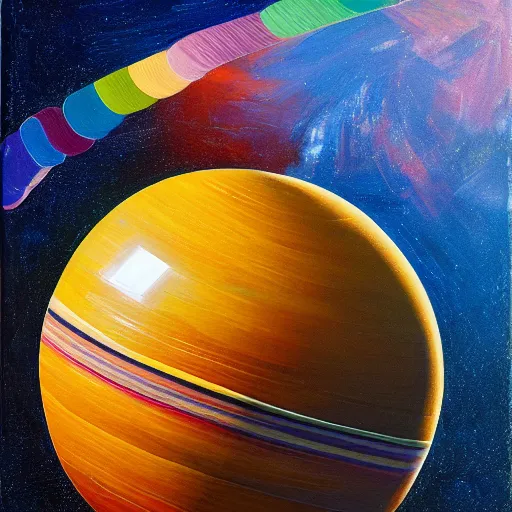 Image similar to planet made out of colorful rubber bands, oil on canvas, portrait, intricate, 8 k highly professionally detailed, hdr, cgsociety