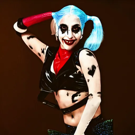 Image similar to close-up photograph of Lady Gaga portraying Harley Quinn while laughing in the movie Joker 2023, dancing pose, moody lighting, award winning photo by Annie Leibovitz, 4k