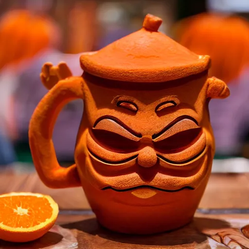 Image similar to a closeup photorealistic photograph of an orange cat garfield style tiki mug at a trader vic's restaurant with garfield's face on the front. tiki party. bright scene. fine detail. this 4 k hd image is trending on artstation, featured on behance, well - rendered, extra crisp, features intricate detail, epic composition and the style of unreal engine.